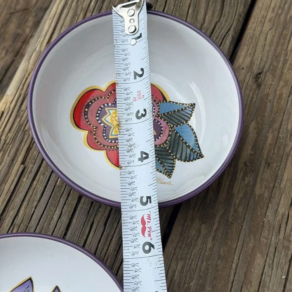 Laurel Burch Cat Floral Ceramic Plate & Bowl Set of 2 Purple 6”